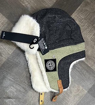 Шапка мужская ушанка трансформер Stone Island Dark Gray / Green